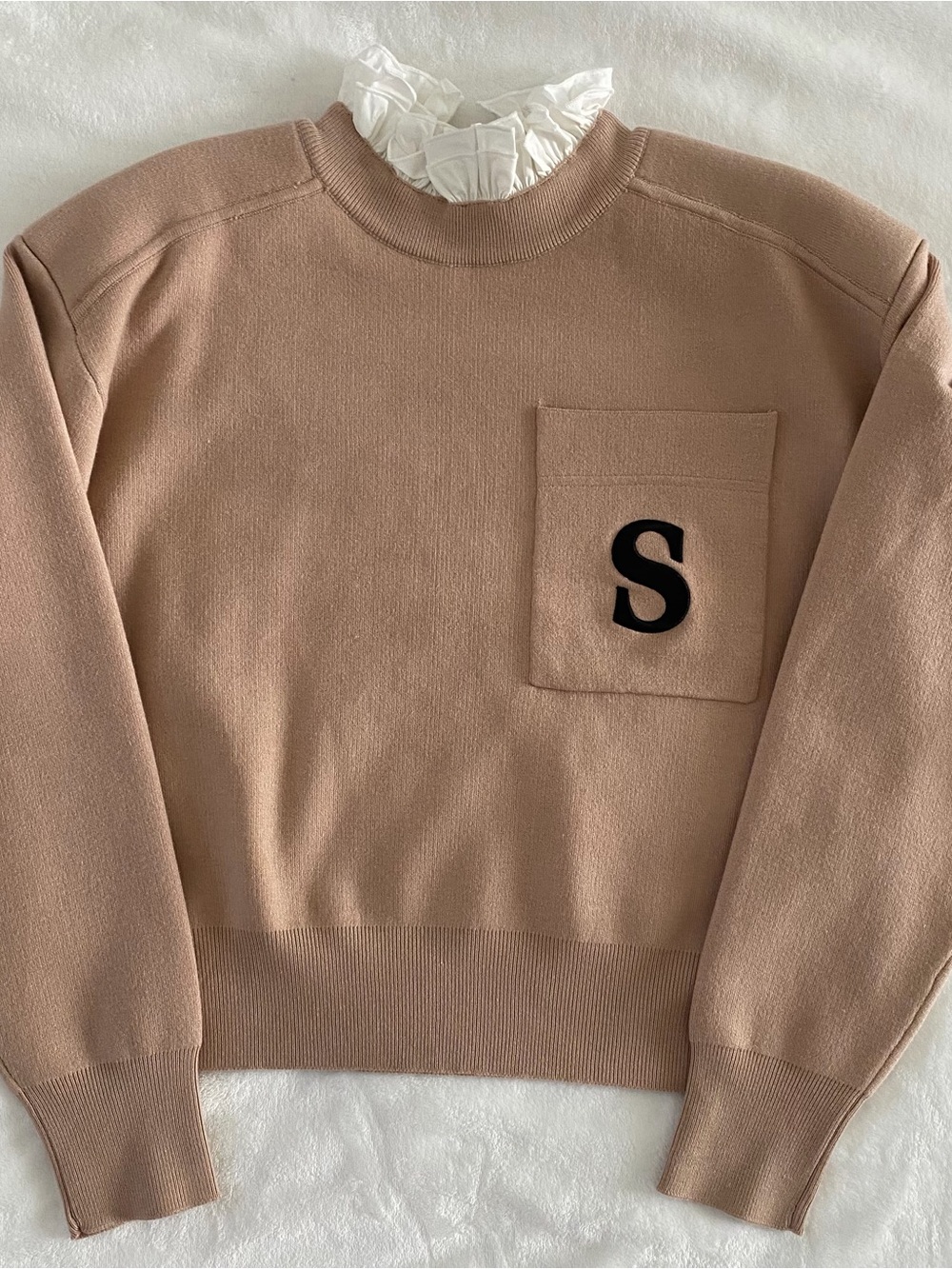 Sandro Blush Beige Knit Sweatshirt with Pocket 'S'